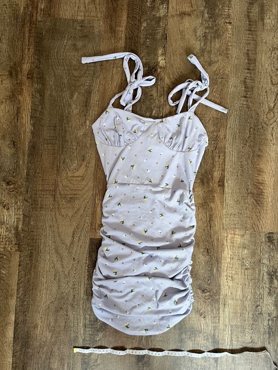 Periwinkle Floral Ruched Mini Dress w/ Tie Straps (Never Worn) - Picture 5 of 5